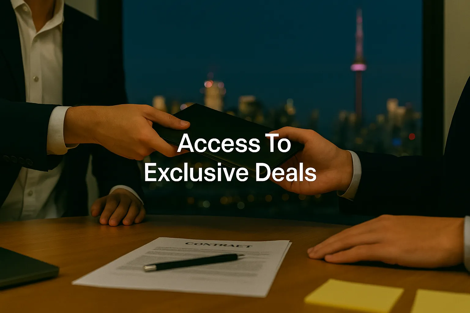 Hands exchanging a folder labeled 'EXCLUSIVE', symbolizing access to exclusive real estate deals.