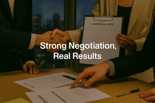 Two professionals shaking hands over a commercial lease document, representing strong negotiation and real results.