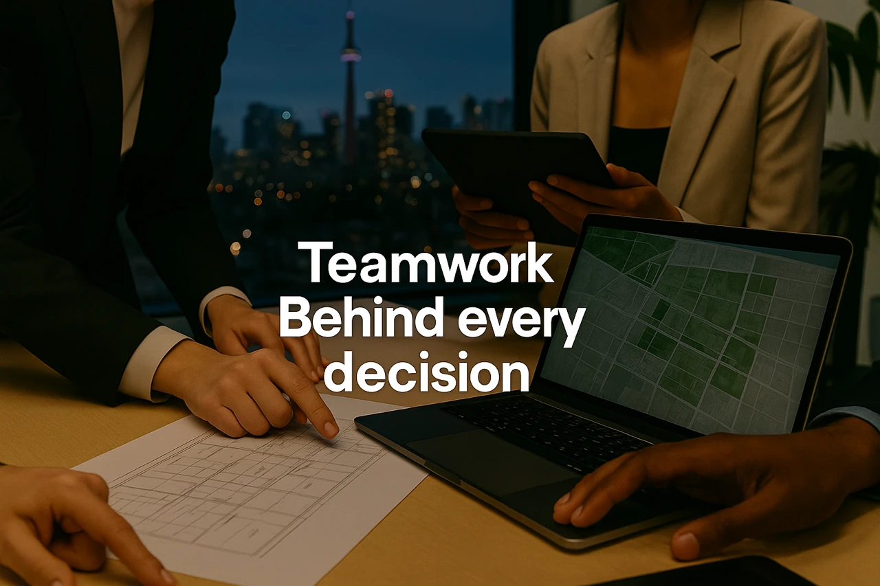 A diverse team collaborating around a table with documents and a laptop, signifying teamwork in real estate decisions.