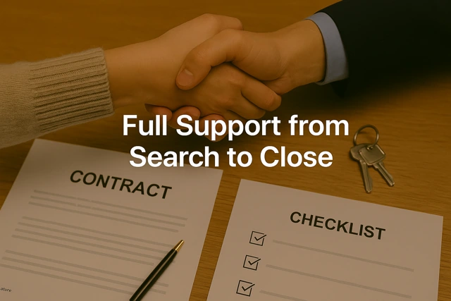 Real estate contract, checklist, pen, and keys on a desk, illustrating full support from search to close.